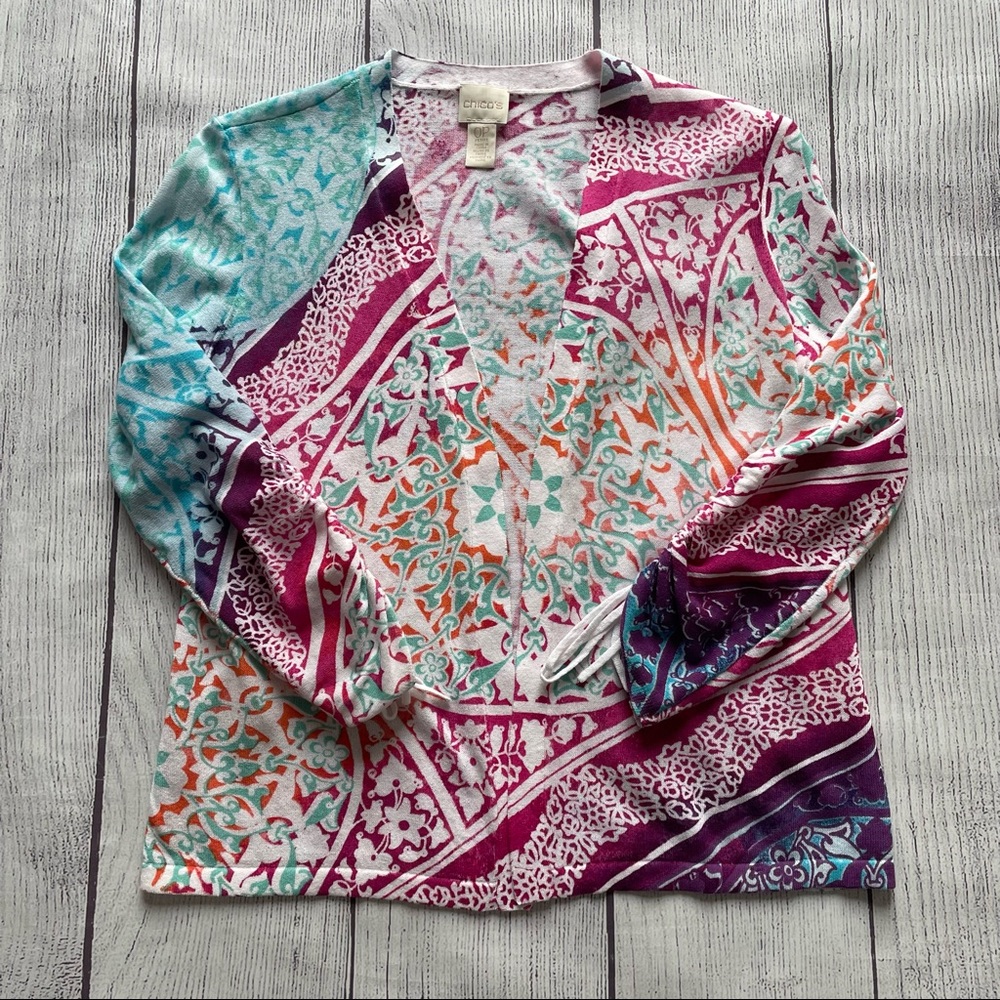 Chico's Multi-Color Print Open Cardigan Size Small Petite